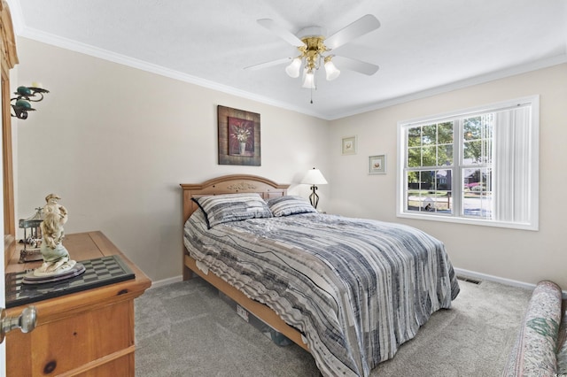 1869 Meadowood Ln, Longs, SC 29568 - carpeted bedroom featuring visible vents, a ceiling fan, baseboards, and ornamental molding
