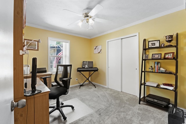1869 Meadowood Ln, Longs, SC 29568 - office area with baseboards, crown molding, light colored carpet, and ceiling fan