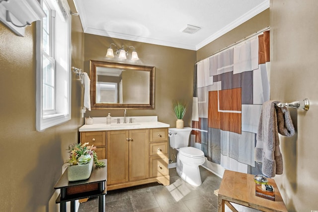 1869 Meadowood Ln, Longs, SC 29568 - full bathroom featuring visible vents, toilet, vanity, a shower with curtain, and crown molding