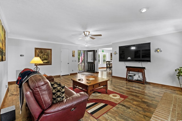 1869 Meadowood Ln, Longs, SC 29568 - living area with wood finished floors, a ceiling fan, baseboards, and ornamental molding