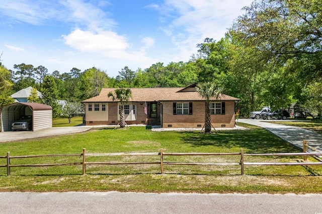 1869 Meadowood Ln, Longs, SC 29568 - single story home with crawl space, a front yard, a detached carport, and a fenced front yard