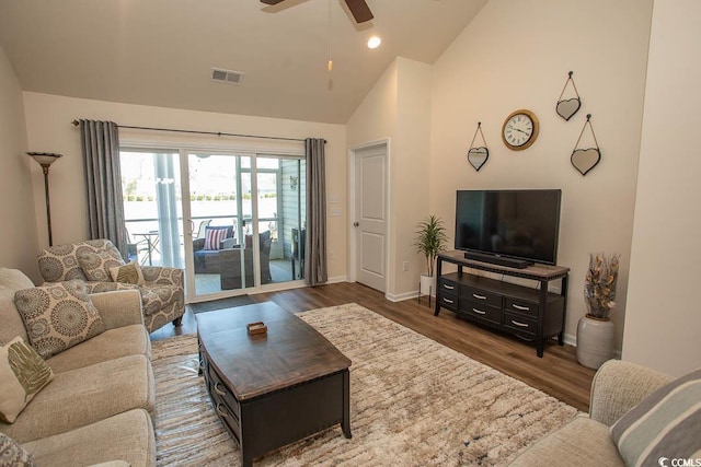 2005 Willow Run Dr Unit C, Little River, SC 29566 - living area featuring wood finished floors, visible vents, high vaulted ceiling, and ceiling fan