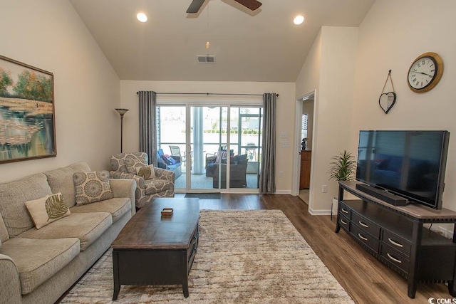 2005 Willow Run Dr Unit C, Little River, SC 29566 - living area with ceiling fan, baseboards, dark wood finished floors, lofted ceiling, and visible vents