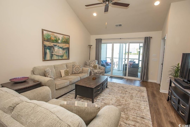 2005 Willow Run Dr Unit C, Little River, SC 29566 - living room featuring dark wood-style floors, baseboards, visible vents, a ceiling fan, and high vaulted ceiling