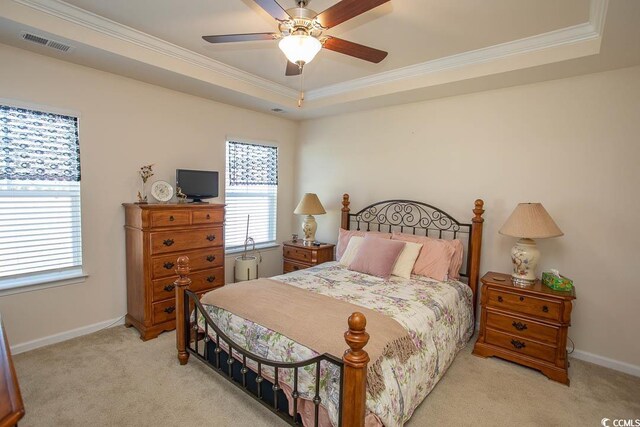 2005 Willow Run Dr Unit C, Little River, SC 29566 - bedroom featuring a raised ceiling, visible vents, light carpet, ornamental molding, and baseboards