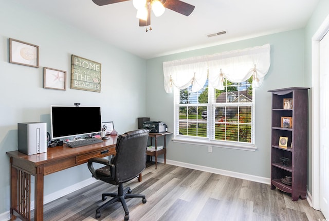 7011 Blade Beak Ln, Myrtle Beach, SC 29588 - office area featuring baseboards, a ceiling fan, wood finished floors, and visible vents