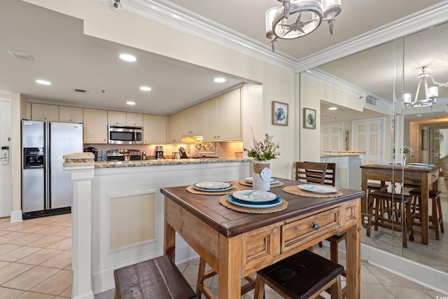 9840 Queensway Blvd Unit 1007, Myrtle Beach, SC 29572 - dining room with a chandelier, ornamental molding, light tile patterned flooring, and recessed lighting