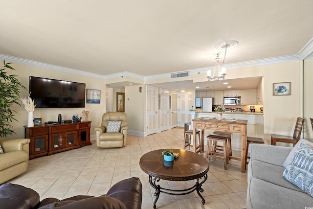 9840 Queensway Blvd Unit 1007, Myrtle Beach, SC 29572 - living room with light tile patterned floors, crown molding, and a chandelier