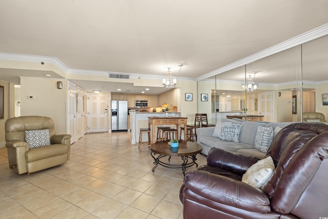 9840 Queensway Blvd Unit 1007, Myrtle Beach, SC 29572 - living room with a chandelier, crown molding, and light tile patterned flooring