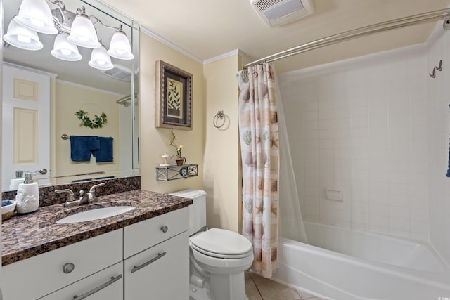 9840 Queensway Blvd Unit 1007, Myrtle Beach, SC 29572 - bathroom featuring vanity, shower / bath combo with shower curtain, tile patterned flooring, and ornamental molding