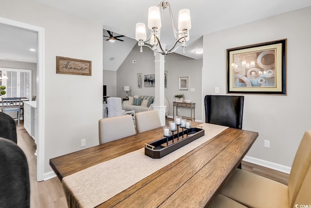 130 Ashton Cir, Myrtle Beach, SC 29588 - dining space with vaulted ceiling, ceiling fan with notable chandelier, light wood-type flooring, baseboards, and recessed lighting
