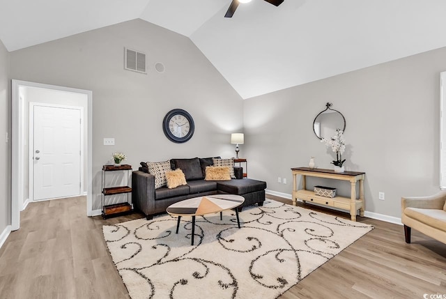 130 Ashton Cir, Myrtle Beach, SC 29588 - living area featuring wood finished floors, visible vents, a ceiling fan, baseboards, and high vaulted ceiling
