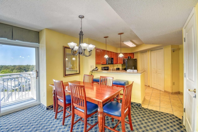 5300 N Ocean Blvd Unit 923, Myrtle Beach, SC 29577 - dining space with light colored carpet, a textured ceiling, baseboards, and a notable chandelier