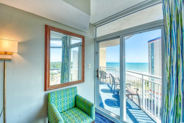 interior space with a water view