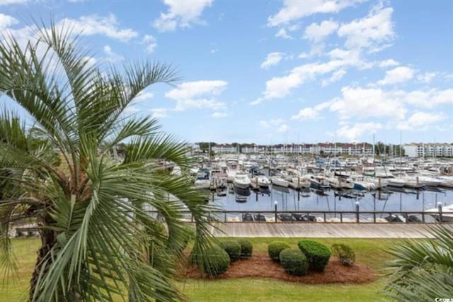 property view of water with a dock