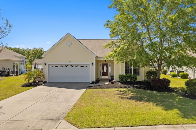 view of front of house with a garage, concrete driveway, a front yard, and roof with shingles