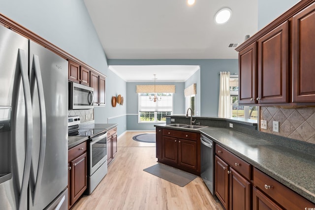 kitchen with appliances with stainless steel finishes, a sink, dark countertops, tasteful backsplash, and a peninsula