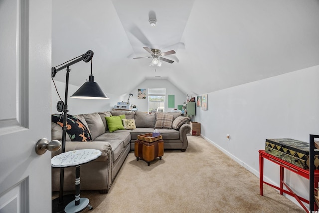 1208 Camlet Ln, Little River, SC 29566 - living room with vaulted ceiling, ceiling fan, carpet flooring, and baseboards