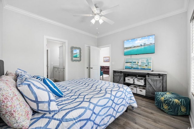 2602 Holly Dr, North Myrtle Beach, SC 29582 - bedroom with crown molding, wood finished floors, ensuite bath, and a ceiling fan