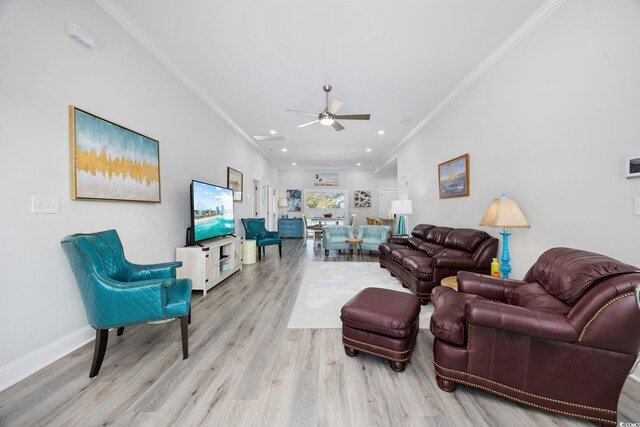2602 Holly Dr, North Myrtle Beach, SC 29582 - living area featuring ornamental molding, light wood-style flooring, ceiling fan, recessed lighting, and baseboards