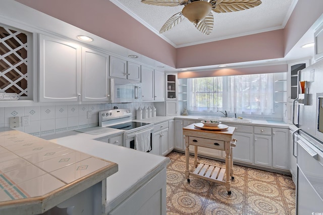 321 Heather Ct, Sunset Beach, NC 28468 - kitchen with ornamental molding, a ceiling fan, a sink, and white appliances