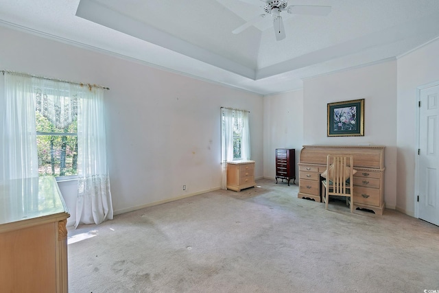 321 Heather Ct, Sunset Beach, NC 28468 - unfurnished office with carpet, a raised ceiling, a ceiling fan, and baseboards