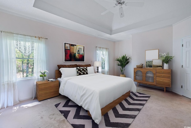 321 Heather Ct, Sunset Beach, NC 28468 - bedroom with a raised ceiling, a ceiling fan, multiple windows, and light carpet