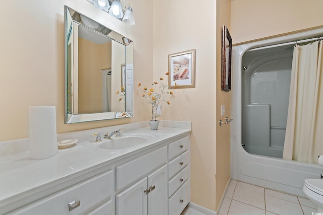 321 Heather Ct, Sunset Beach, NC 28468 - bathroom featuring tile patterned flooring, shower / bathtub combination with curtain, toilet, vanity, and baseboards