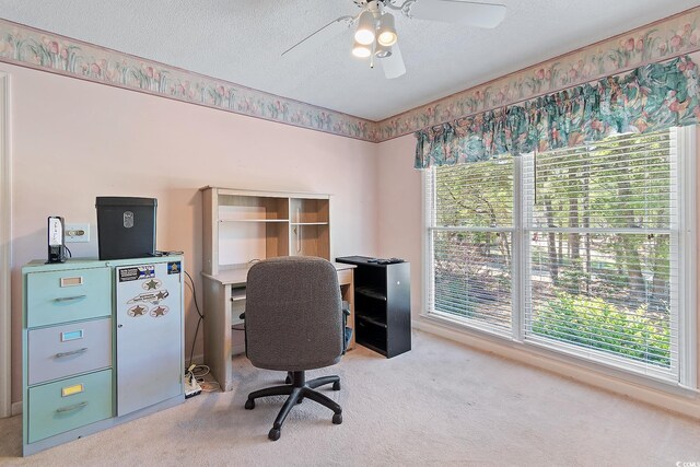 321 Heather Ct, Sunset Beach, NC 28468 - carpeted office space with a textured ceiling, ceiling fan, and plenty of natural light