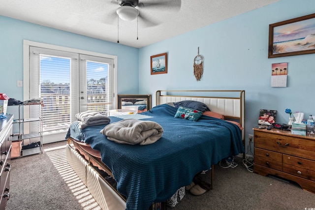 carpeted bedroom with french doors, a textured ceiling, a ceiling fan, and access to exterior