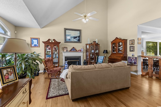 living room with a glass covered fireplace, a wealth of natural light, a ceiling fan, and light wood finished floors