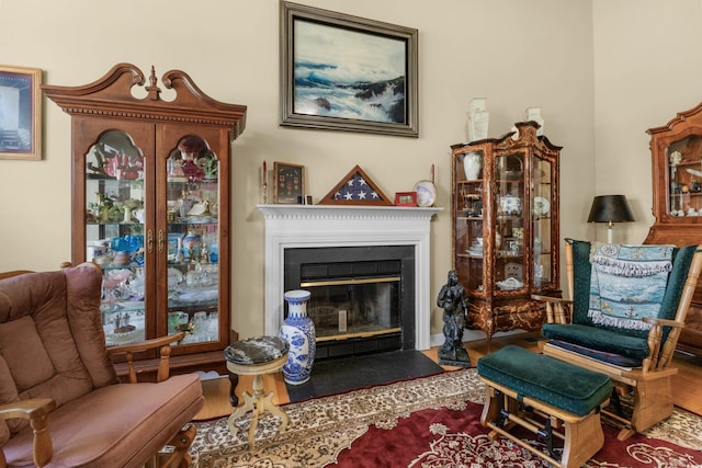 living area with wood finished floors and a glass covered fireplace