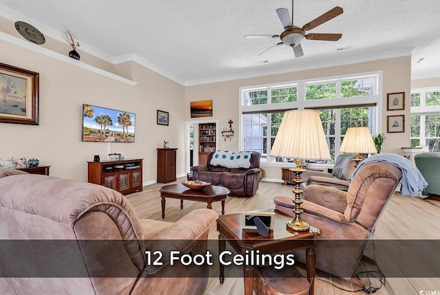 1249 Trent Dr, Murrells Inlet, SC 29576 - living area with wood finished floors, visible vents, ornamental molding, baseboards, and ceiling fan