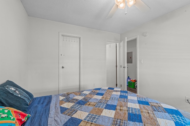bedroom with a ceiling fan and electric panel