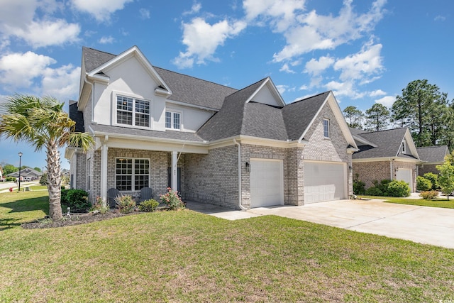 traditional home featuring brick siding, a garage, a front yard, concrete driveway, and covered porch