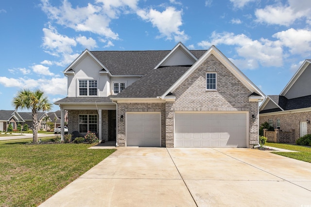 view of front of home with a front lawn, roof with shingles, stucco siding, brick siding, and concrete driveway