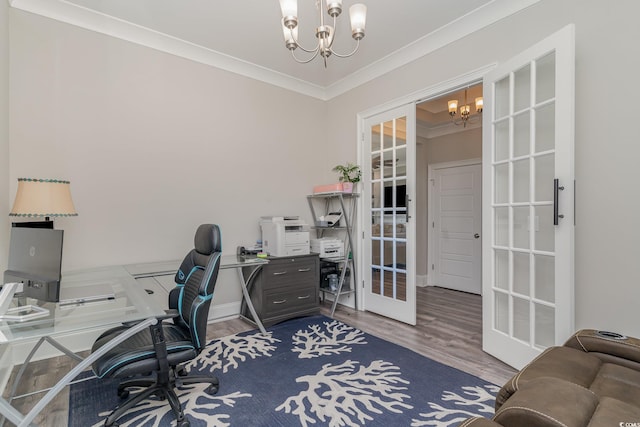 home office featuring an inviting chandelier, french doors, baseboards, wood finished floors, and ornamental molding
