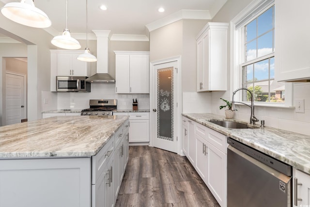 kitchen with a sink, wall chimney exhaust hood, appliances with stainless steel finishes, and white cabinets