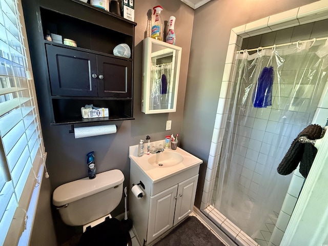 full bathroom featuring a stall shower, toilet, and vanity