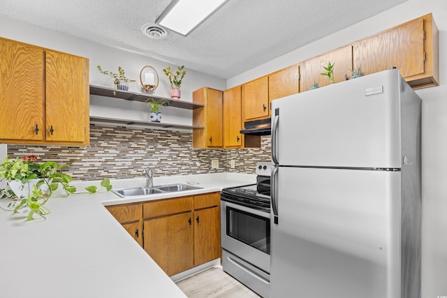 3700 Golf Colony Ln Unit 18-G, Little River, SC 29566 - kitchen with freestanding refrigerator, stainless steel electric range oven, a sink, open shelves, and light countertops