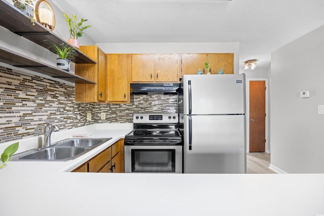 3700 Golf Colony Ln Unit 18-G, Little River, SC 29566 - kitchen with freestanding refrigerator, electric range, a sink, open shelves, and range hood