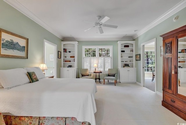 bedroom with ornamental molding, multiple windows, light carpet, baseboards, and ceiling fan