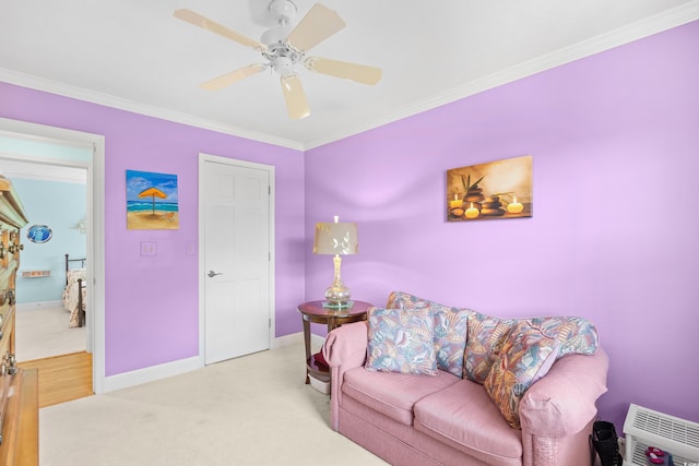 8231 Forest Lake Dr, Conway, SC 29526 - living room featuring baseboards, carpet, heating unit, ceiling fan, and ornamental molding