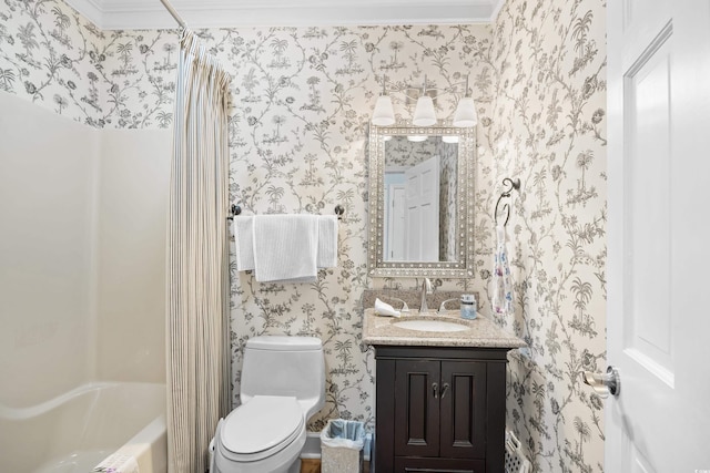 8231 Forest Lake Dr, Conway, SC 29526 - full bathroom with wallpapered walls, shower / tub combo with curtain, toilet, and vanity