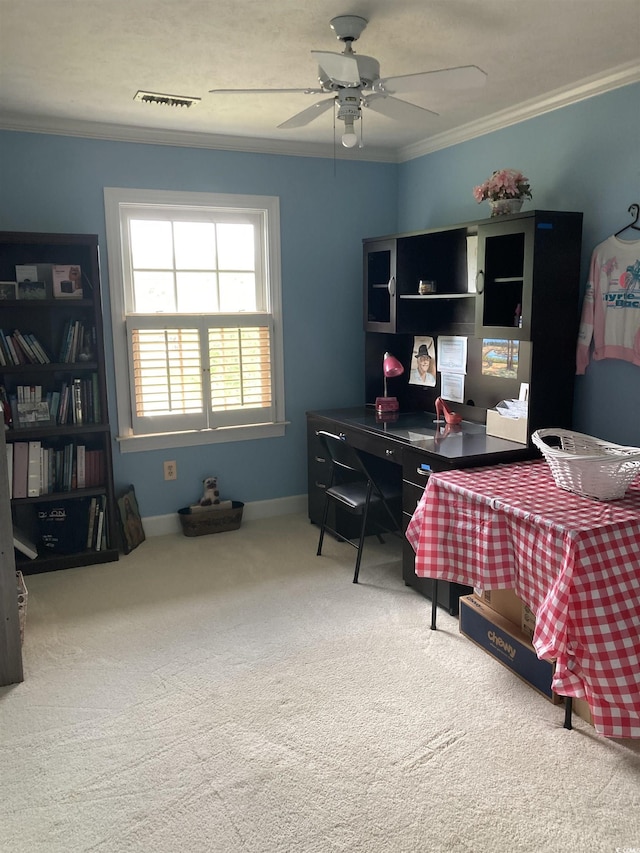 8231 Forest Lake Dr, Conway, SC 29526 - carpeted home office with a ceiling fan, crown molding, and visible vents