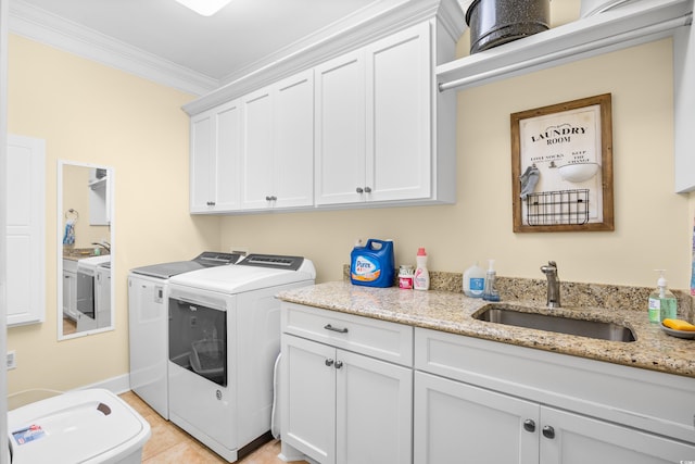 8231 Forest Lake Dr, Conway, SC 29526 - laundry area featuring a sink, light tile patterned flooring, cabinet space, washing machine and dryer, and ornamental molding
