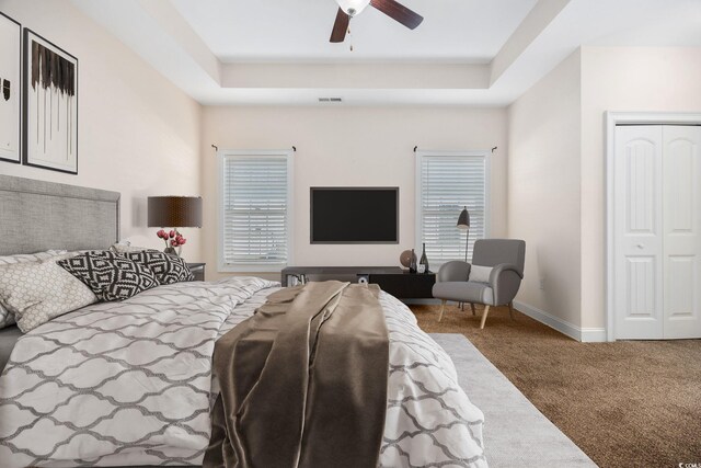 237 Copperwood Loop, Conway, SC 29526 - bedroom with carpet, multiple windows, a raised ceiling, and a ceiling fan