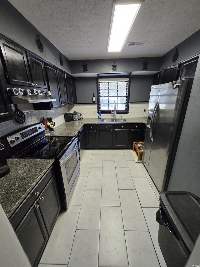 kitchen with dark cabinets, a sink, a textured ceiling, and appliances with stainless steel finishes