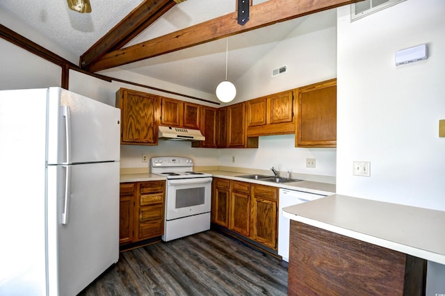742 Tall Oaks Ct, Myrtle Beach, SC 29588 - kitchen with a sink, beamed ceiling, white appliances, under cabinet range hood, and high vaulted ceiling