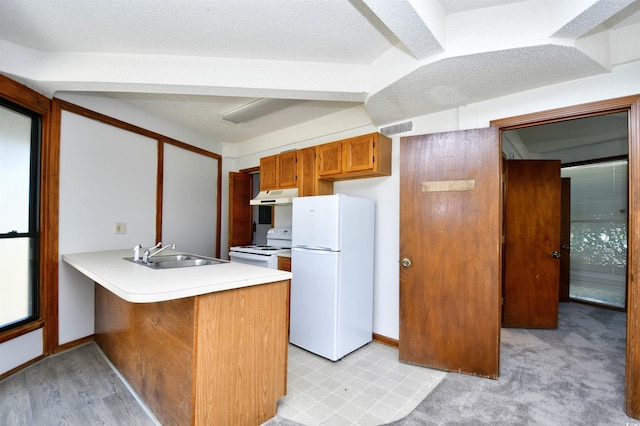 742 Tall Oaks Ct, Myrtle Beach, SC 29588 - kitchen with a sink, white appliances, a peninsula, under cabinet range hood, and visible vents